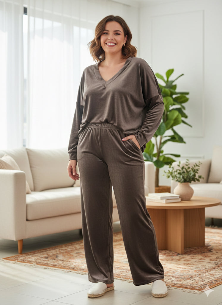 Taupe Βελουτέ Σετ Loungewear V-Neck Wide Leg Oversized | C&M
