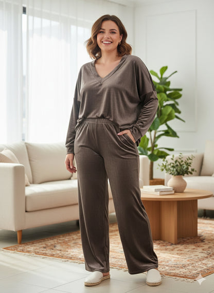 Taupe Βελουτέ Σετ Loungewear V-Neck Wide Leg Oversized | C&M