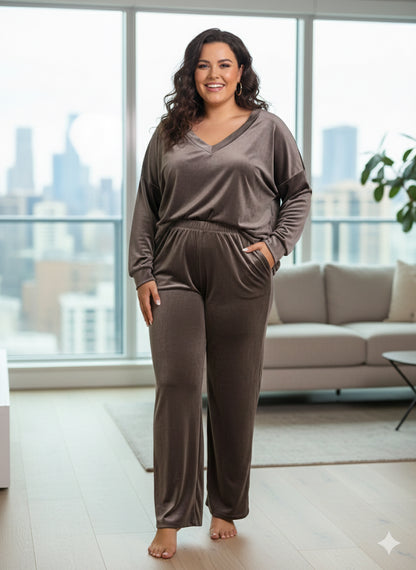 Taupe Βελουτέ Σετ Loungewear V-Neck Wide Leg Oversized | C&M