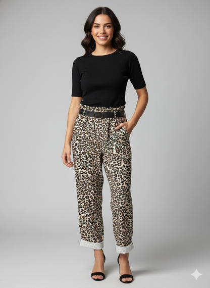 Παντελόνι Animal Print Λεοπάρ Ψηλόμεση Relaxed Fit Cuffed | C&M