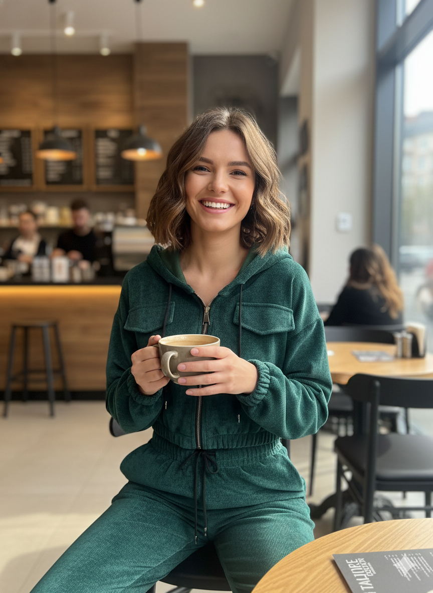 Πράσινο Βελούδινο Σετ Φόρμας Cropped Hoodie Jogger Κοτλέ | C&M