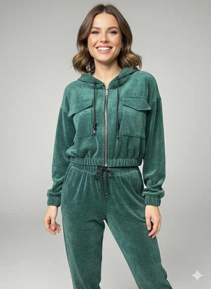 Πράσινο Βελούδινο Σετ Φόρμας Cropped Hoodie Jogger Κοτλέ | C&M