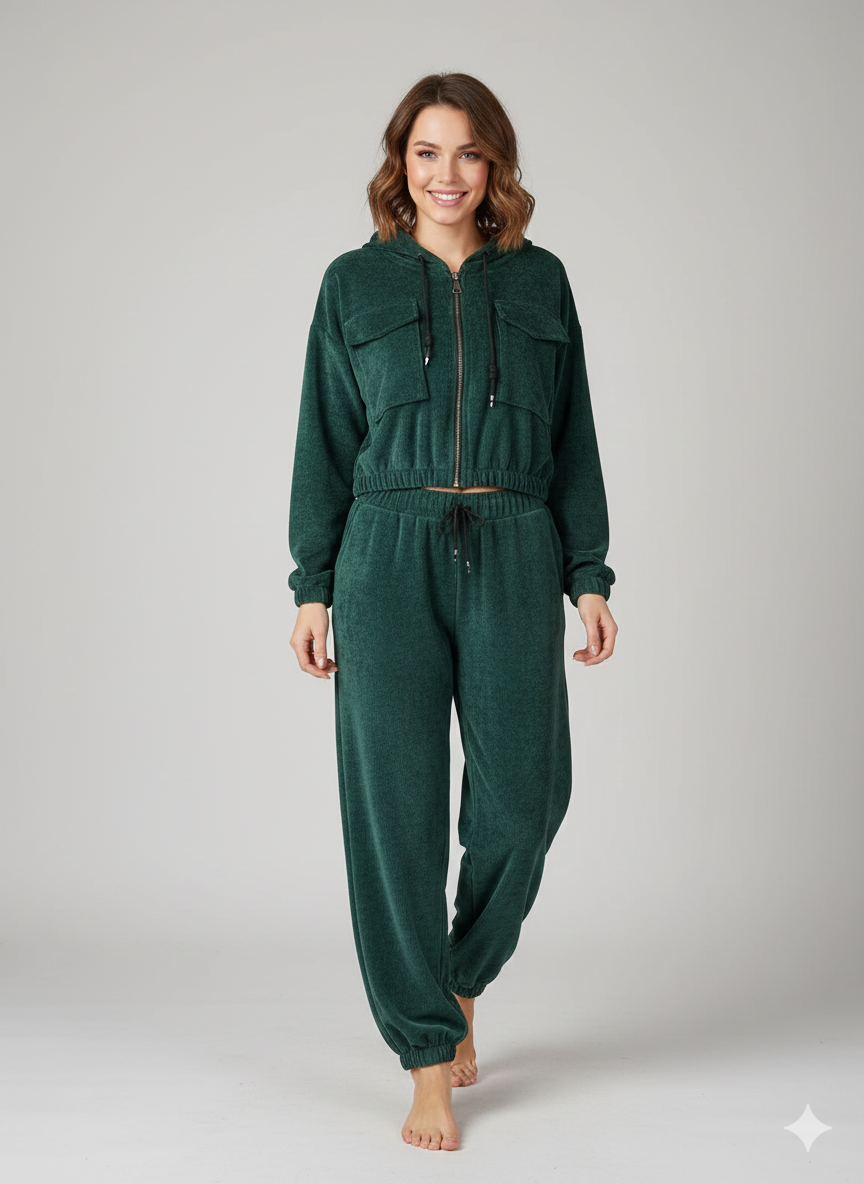 Πράσινο Βελούδινο Σετ Φόρμας Cropped Hoodie Jogger Κοτλέ | C&M