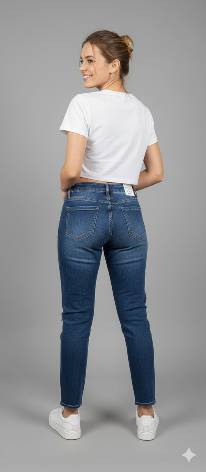 Σκούρο Μπλε Τζιν Mom Fit Ψηλόμεσο Distressed Νο 36 | C&M