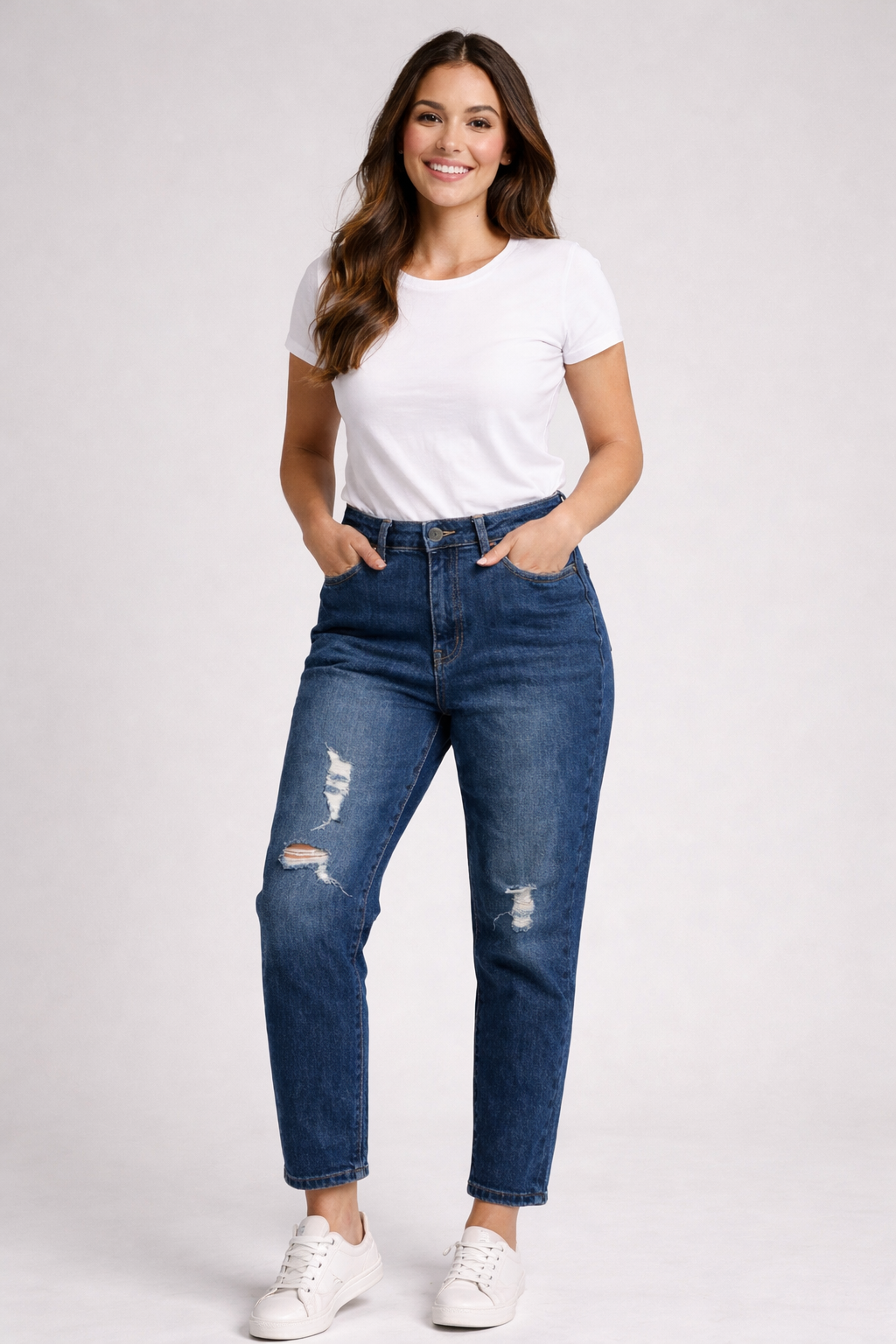 Σκούρο Μπλε Τζιν Mom Fit Ψηλόμεσο Distressed Νο 36 | C&M