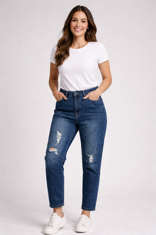 Σκούρο Μπλε Τζιν Mom Fit Ψηλόμεσο Distressed Νο 36 | C&M