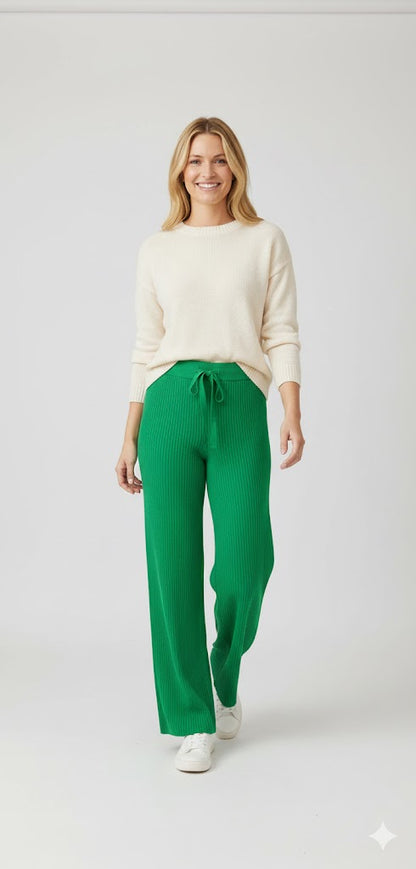 Πράσινο Πλεκτό Wide-Leg Παντελόνι Ribbed Ψηλόμεσο | C&M