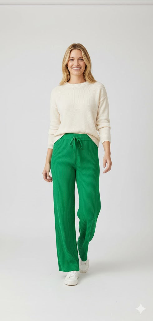 Πράσινο Πλεκτό Wide-Leg Παντελόνι Ribbed Ψηλόμεσο | C&M