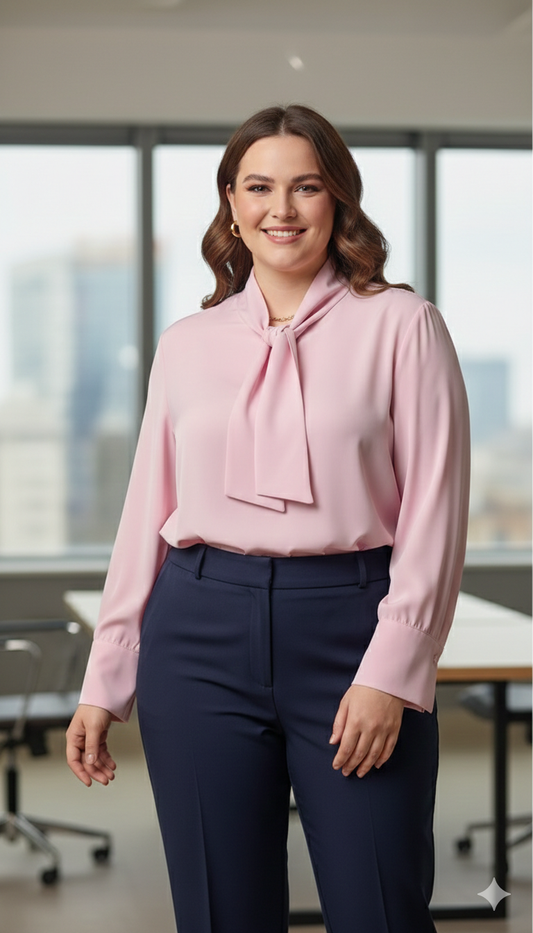 Ροζ Πουκάμισο Pussy-Bow Μεταξωτό Ιταλικής Ποιότητας Plus Size | C&M