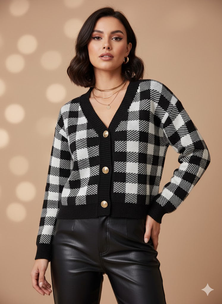 Πλεκτή Ζακέτα Καρό Ασπρόμαυρη με Κουμπιά V-Neck | C&M