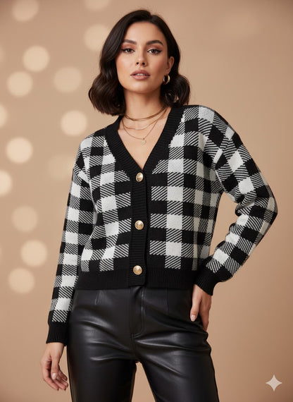 Πλεκτή Ζακέτα Καρό Ασπρόμαυρη με Κουμπιά V-Neck | C&M