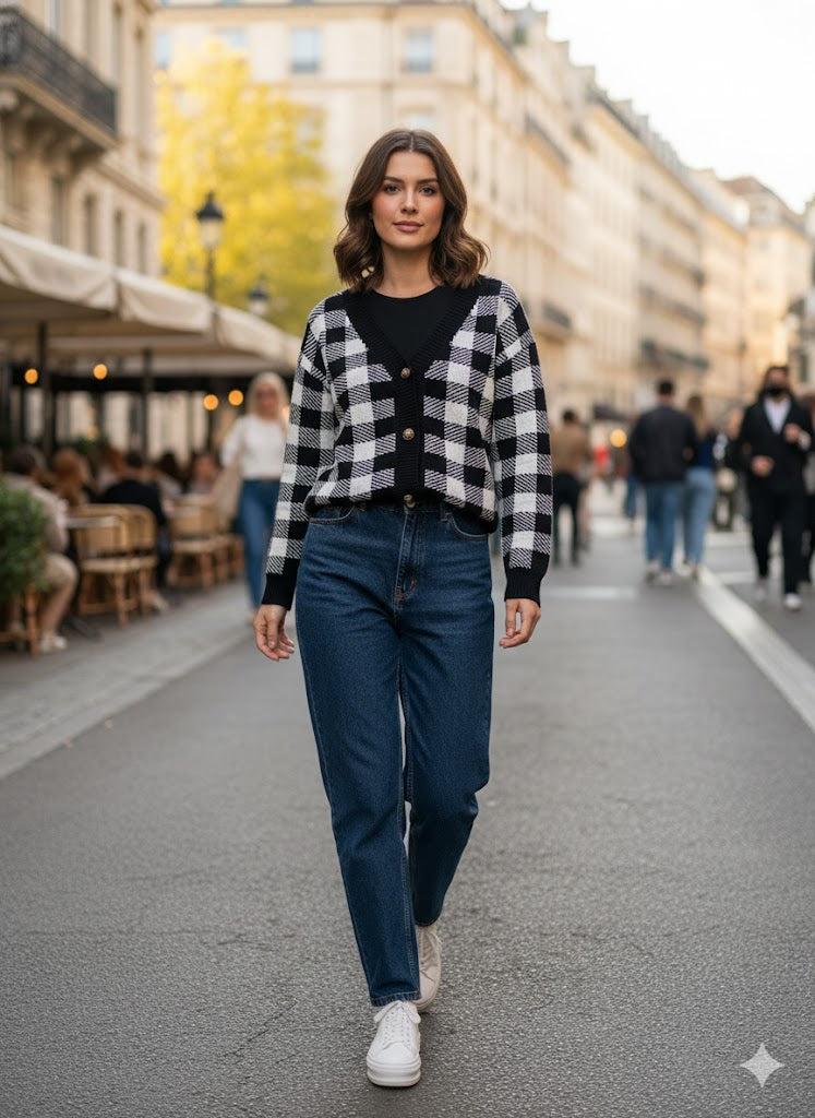 Πλεκτή Ζακέτα Καρό Ασπρόμαυρη με Κουμπιά V-Neck | C&M