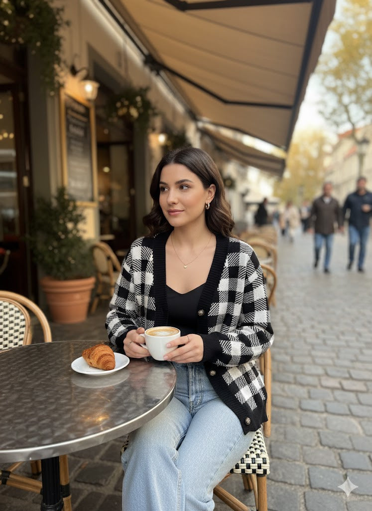 Πλεκτή Ζακέτα Καρό Ασπρόμαυρη με Κουμπιά V-Neck | C&M