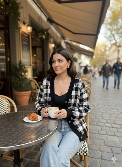 Πλεκτή Ζακέτα Καρό Ασπρόμαυρη με Κουμπιά V-Neck | C&M