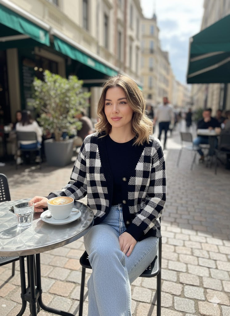 Πλεκτή Ζακέτα Καρό Ασπρόμαυρη με Κουμπιά V-Neck | C&M