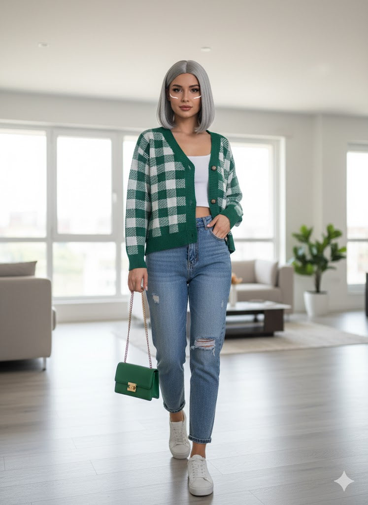 Πλεκτή Ζακέτα Καρό Πράσινη Λευκή V-Neck Cropped | C&M