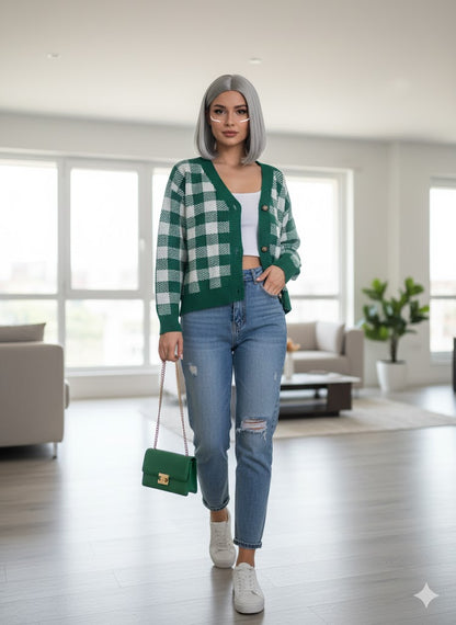 Πλεκτή Ζακέτα Καρό Πράσινη Λευκή V-Neck Cropped | C&M