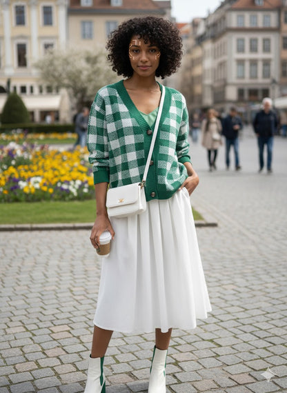 Πλεκτή Ζακέτα Καρό Πράσινη Λευκή V-Neck Cropped | C&M