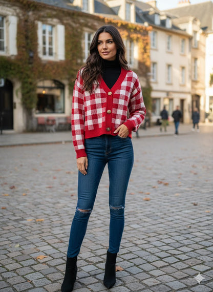 Πλεκτή Ζακέτα Καρό Κόκκινη-Λευκή με V Λαιμόκοψη | C&M