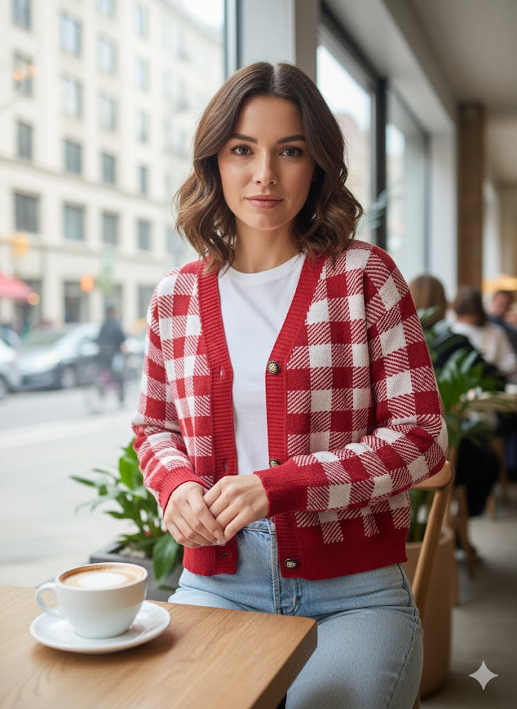 Πλεκτή Ζακέτα Καρό Κόκκινη-Λευκή με V Λαιμόκοψη | C&M