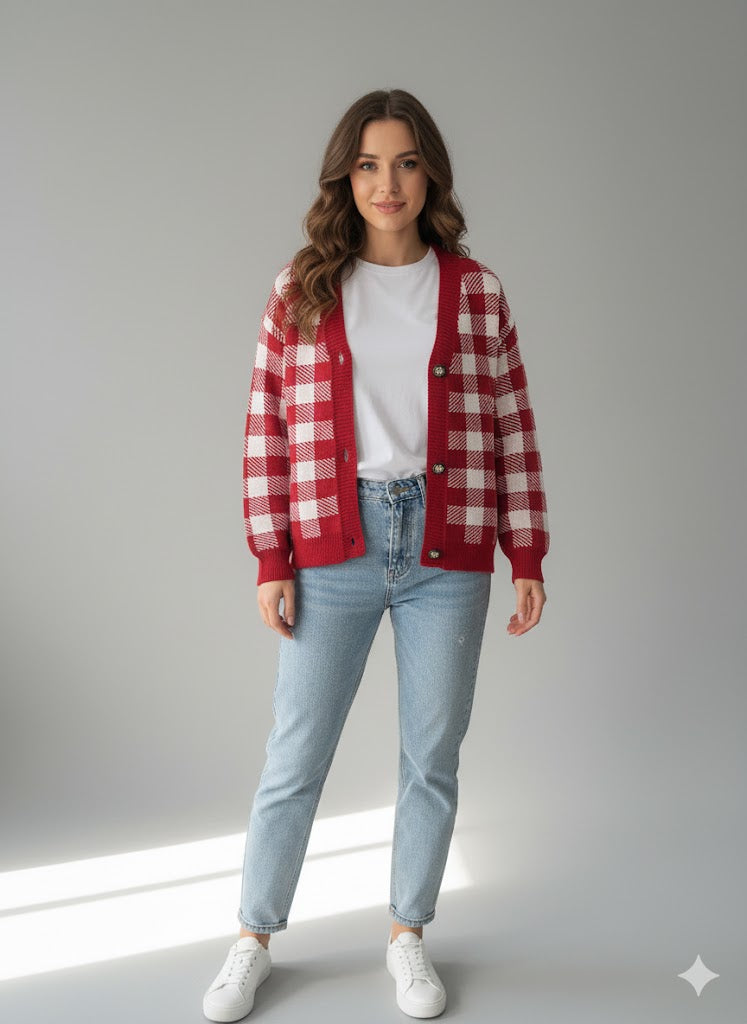 Πλεκτή Ζακέτα Καρό Κόκκινη-Λευκή με V Λαιμόκοψη | C&M