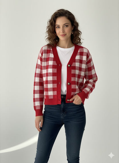 Πλεκτή Ζακέτα Καρό Κόκκινη-Λευκή με V Λαιμόκοψη | C&M