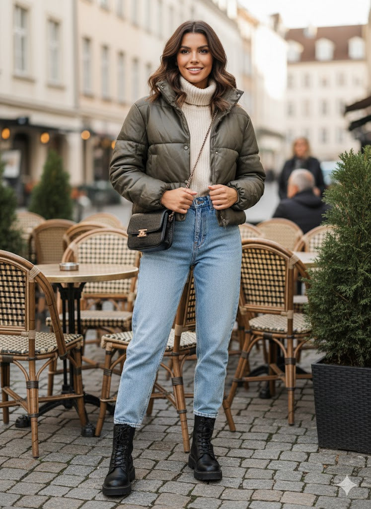 Γυναικείο Puffer Μπουφάν Κοντό Δερματίνη Χακί | C&M