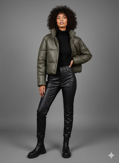 Γυναικείο Puffer Μπουφάν Κοντό Δερματίνη Χακί | C&M