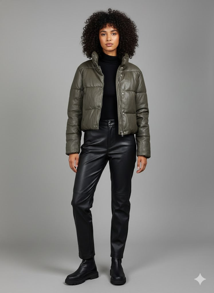 Γυναικείο Puffer Μπουφάν Κοντό Δερματίνη Χακί | C&M