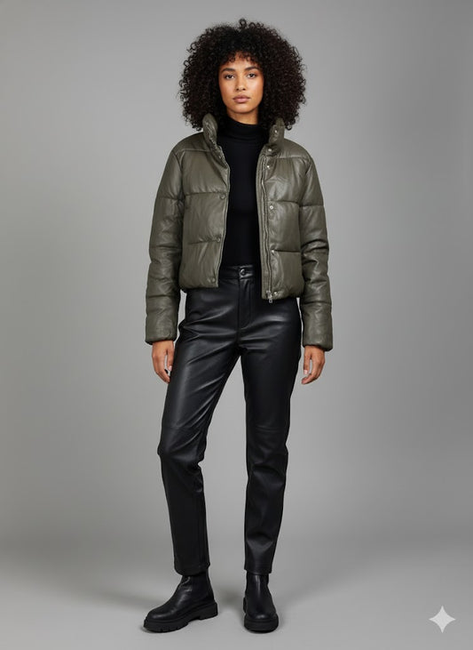 Γυναικείο Puffer Μπουφάν Κοντό Δερματίνη Χακί | C&M