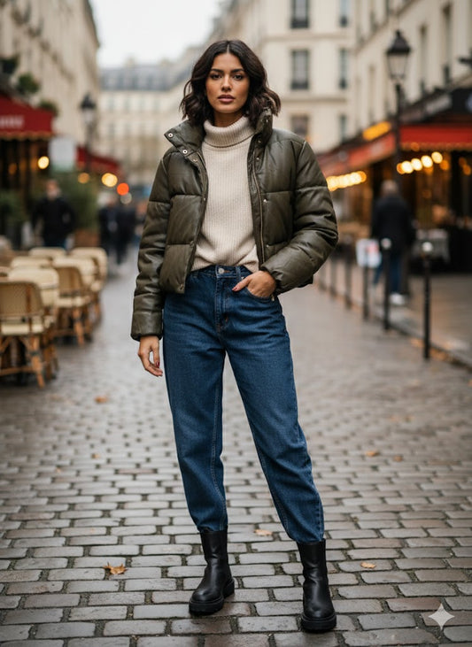 Γυναικείο Puffer Μπουφάν Κοντό Δερματίνη Χακί | C&M