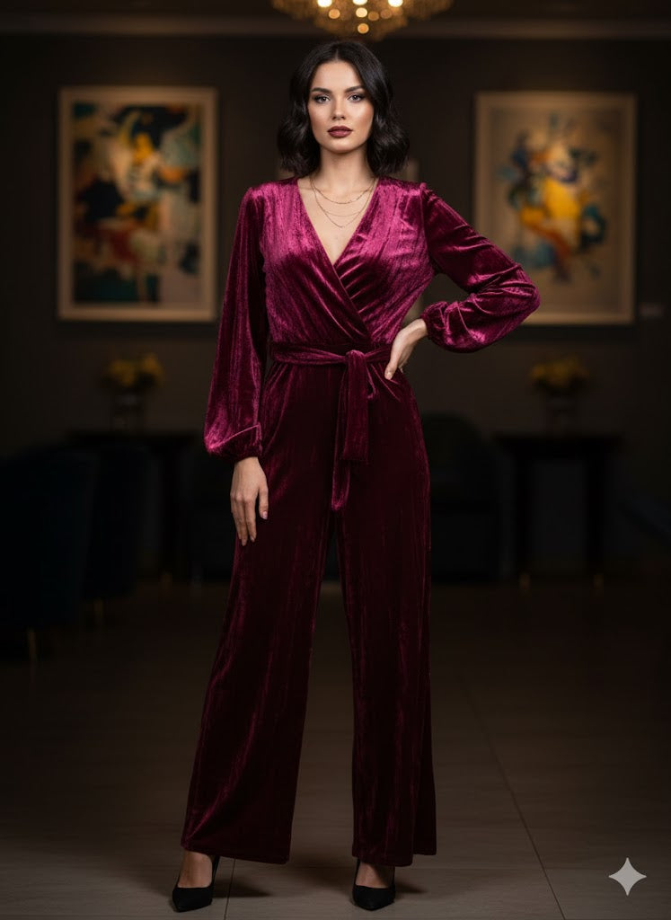 Γυναικεία Ολόσωμη Φόρμα Βελούδο Μπορντώ με Ζώνη | C&M