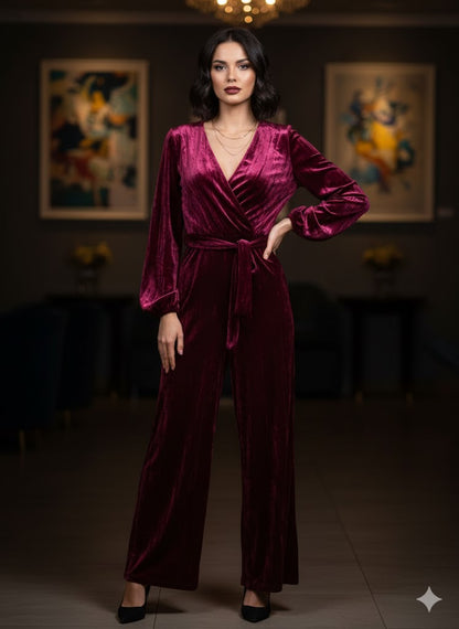 Γυναικεία Ολόσωμη Φόρμα Βελούδο Μπορντώ με Ζώνη | C&M