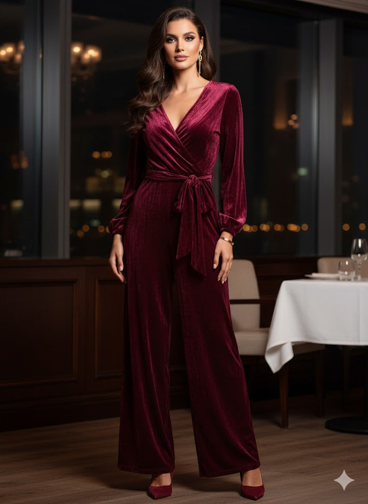 Γυναικεία Ολόσωμη Φόρμα Βελούδο Μπορντώ με Ζώνη | C&M