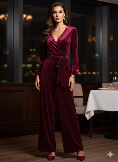 Γυναικεία Ολόσωμη Φόρμα Βελούδο Μπορντώ με Ζώνη | C&M