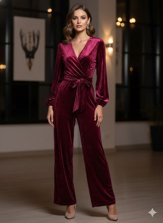 Γυναικεία Ολόσωμη Φόρμα Βελούδο Μπορντώ με Ζώνη | C&M