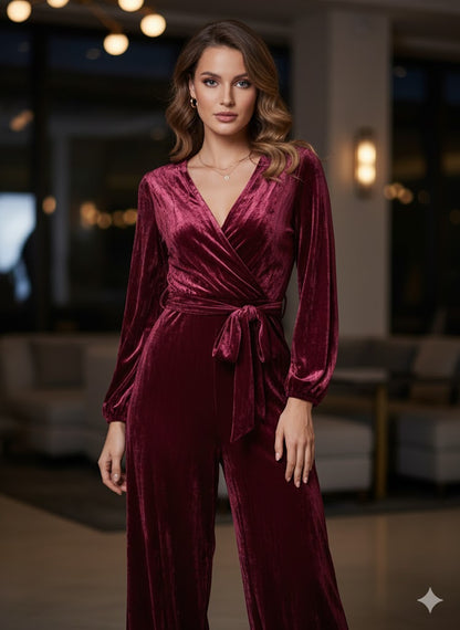 Γυναικεία Ολόσωμη Φόρμα Βελούδο Μπορντώ με Ζώνη | C&M