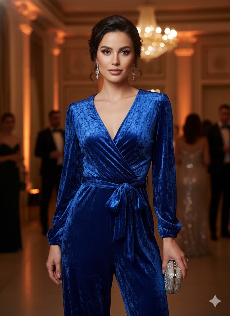 Γυναικεία Ολόσωμη Φόρμα Βελούδο Μπλε Ρουά με Ζώνη | C&M