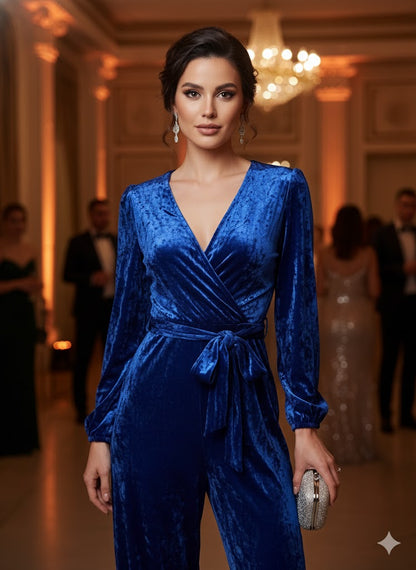 Γυναικεία Ολόσωμη Φόρμα Βελούδο Μπλε Ρουά με Ζώνη | C&M