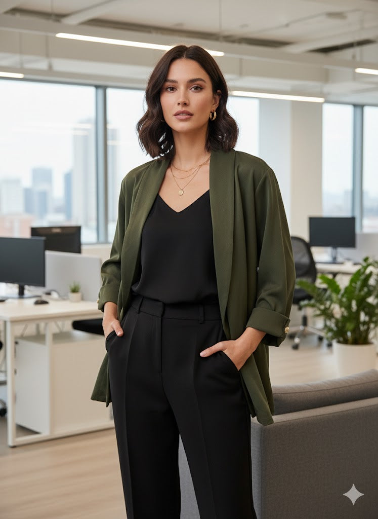 Γυναικεία Σατέν Ζακέτα Oversized Χακί Μακριά | C&M