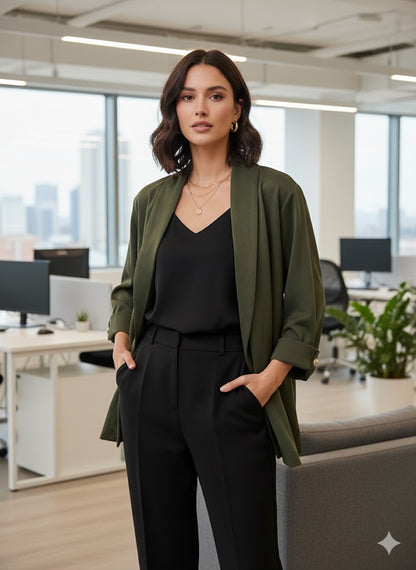 Γυναικεία Σατέν Ζακέτα Oversized Χακί Μακριά | C&M