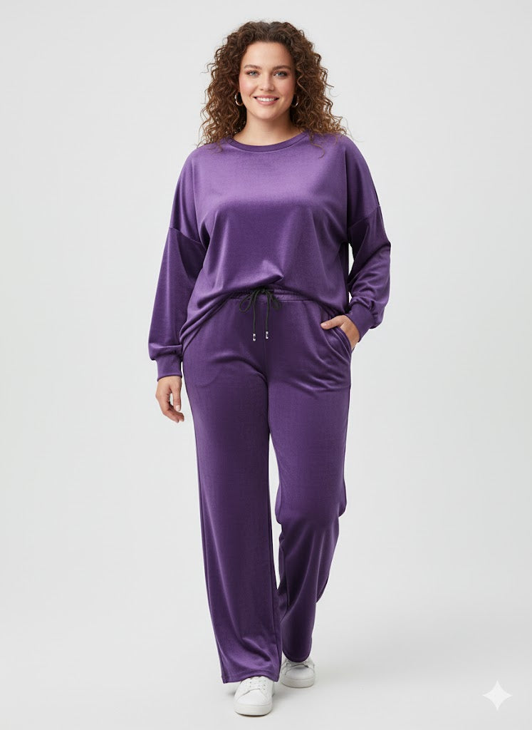 Μοβ Βελούδινο Σετ Φόρμας Oversized Wide Leg Loungewear | C&M