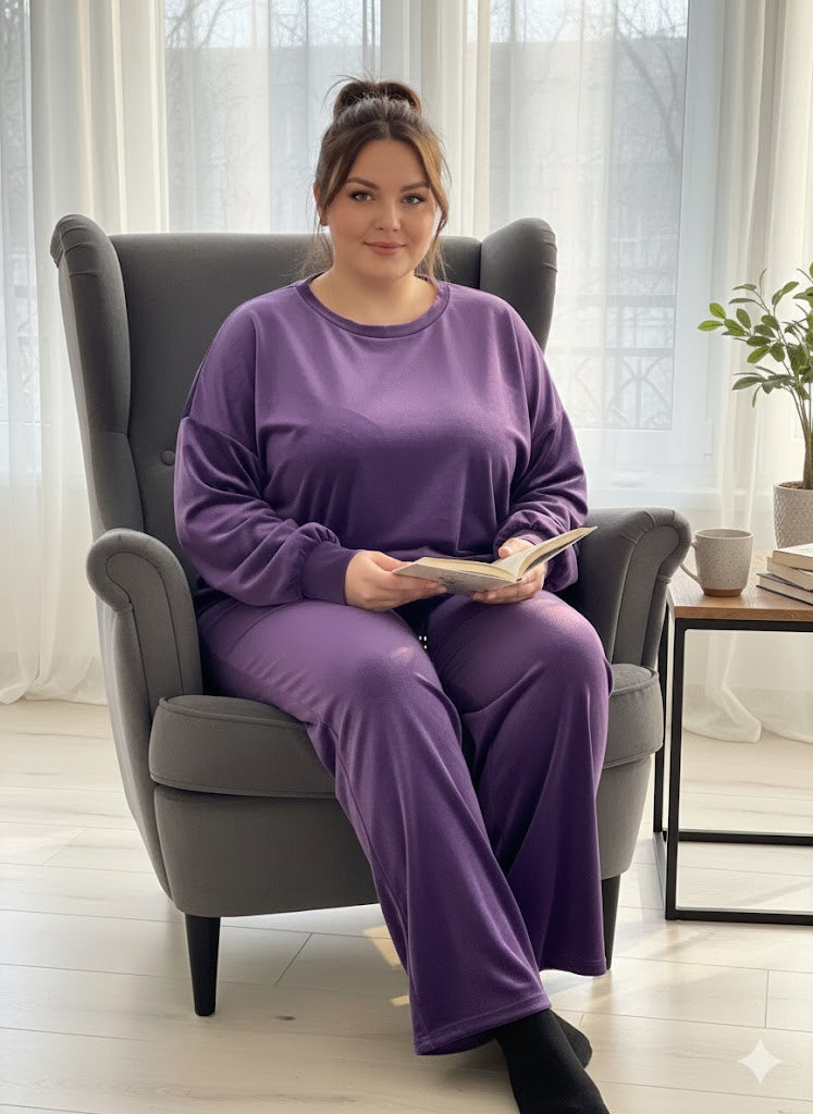 Μοβ Βελούδινο Σετ Φόρμας Oversized Wide Leg Loungewear | C&M