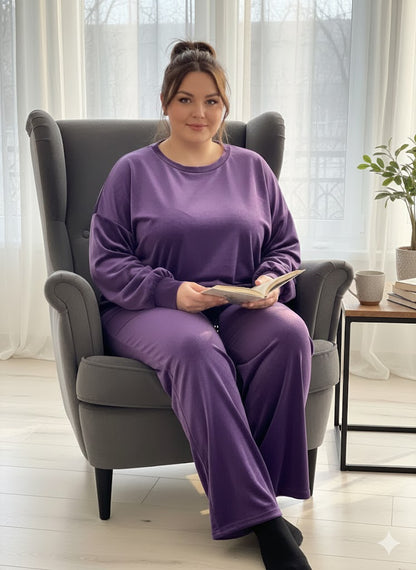 Μοβ Βελούδινο Σετ Φόρμας Oversized Wide Leg Loungewear | C&M