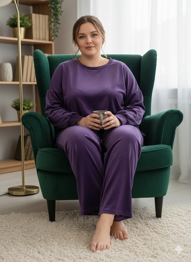 Μοβ Βελούδινο Σετ Φόρμας Oversized Wide Leg Loungewear | C&M