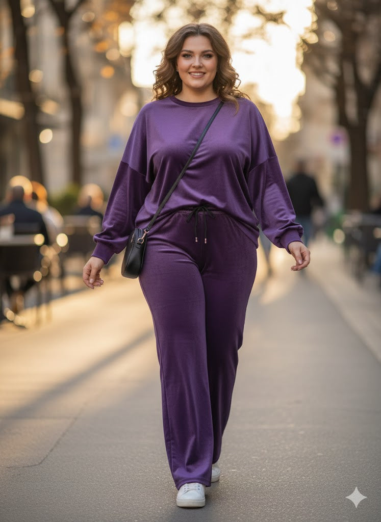 Μοβ Βελούδινο Σετ Φόρμας Oversized Wide Leg Loungewear | C&M