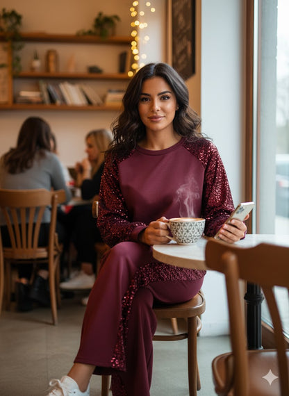 Μπορντό Σετ Φόρμας με Παγιέτες Casual Chic Loungewear | C&M