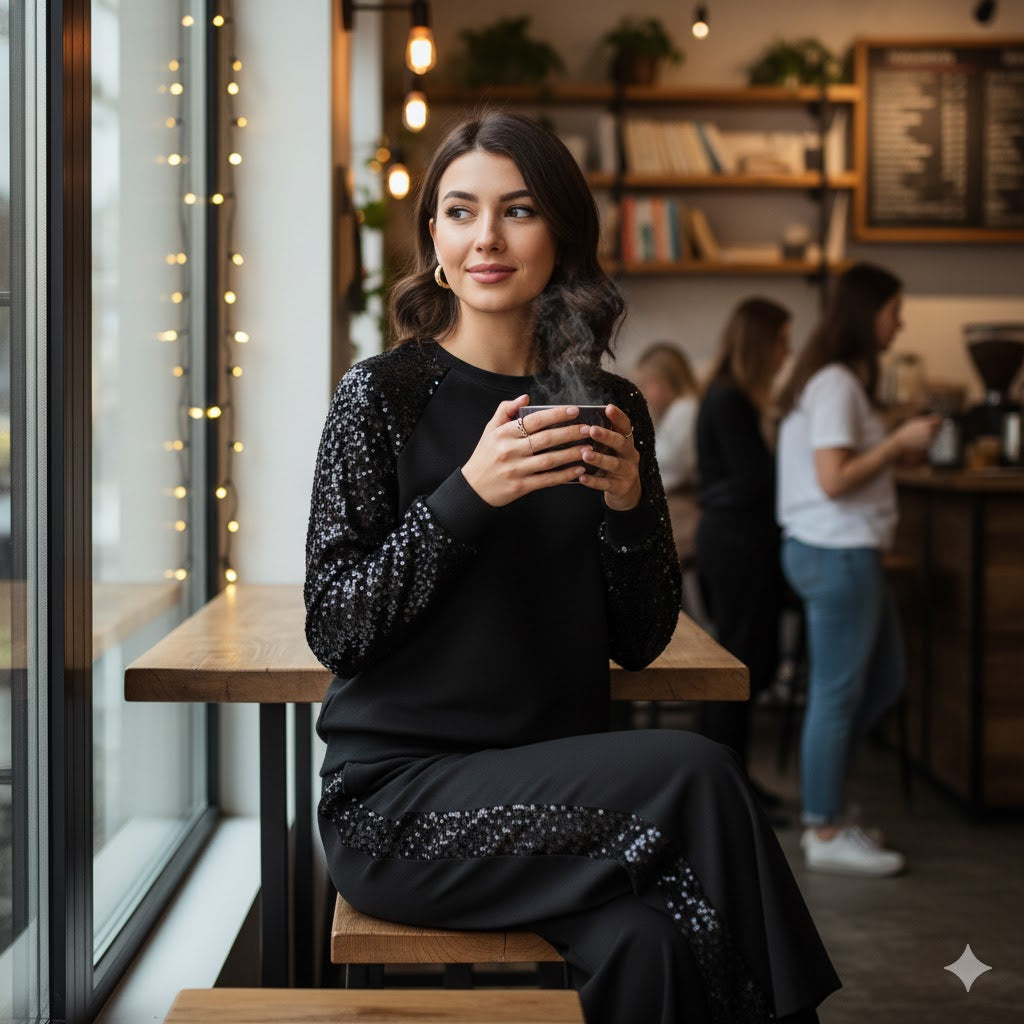 Μαύρο Σετ Φόρμας με Παγιέτες Raglan Casual Chic | C&M