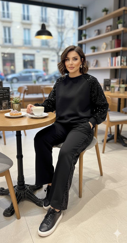 Μαύρο Σετ Φόρμας με Παγιέτες Raglan Casual Chic | C&M