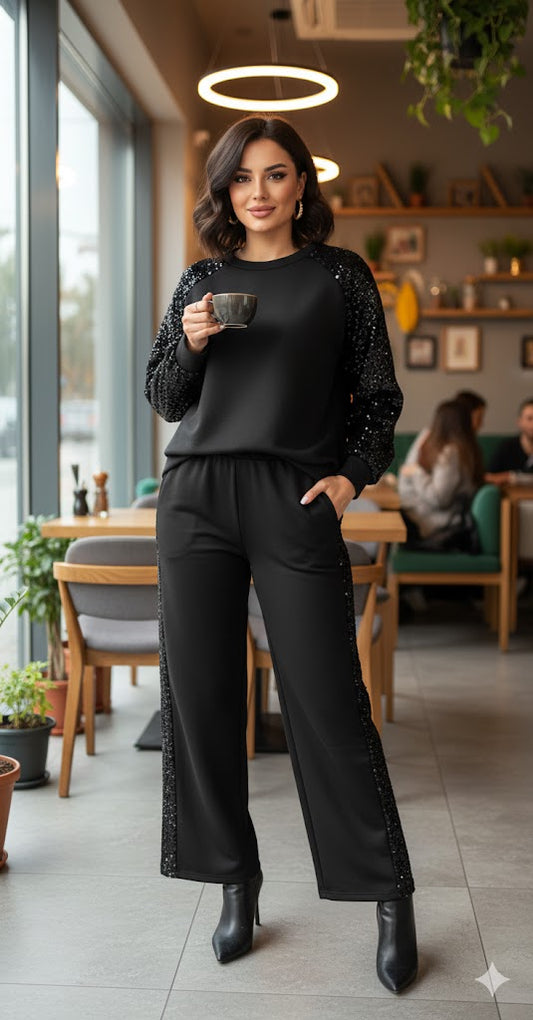 Μαύρο Σετ Φόρμας με Παγιέτες Raglan Casual Chic | C&M